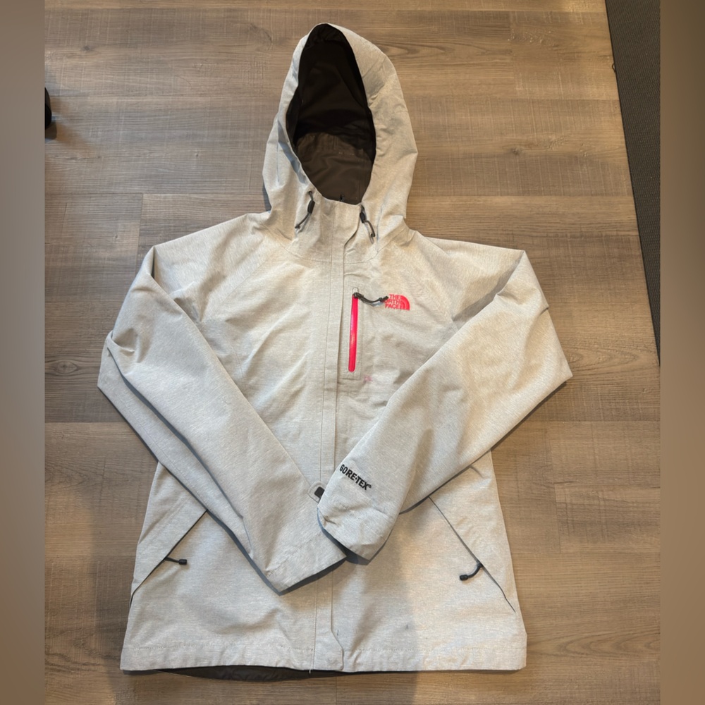 The North Face Light Gray Hooded Rain Jacket with Pink Accent
